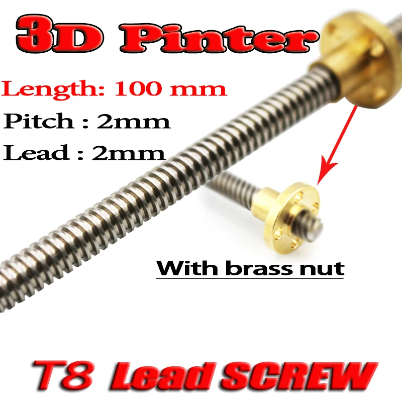 3D Printer T8 screw THSL-100-8D Trapezoidal Lead Screw Dia 8MM Pitch 2mm Lead 2mm Length 100mm with Copper Nut