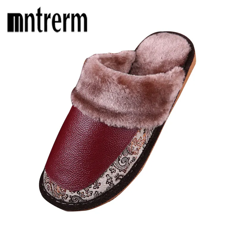 Mntrerm 2020 New Genuine Leather Home Slippers High Quality Winter Women Slipper Plush Warm Indoor Shoes Lovers Leather Slippers