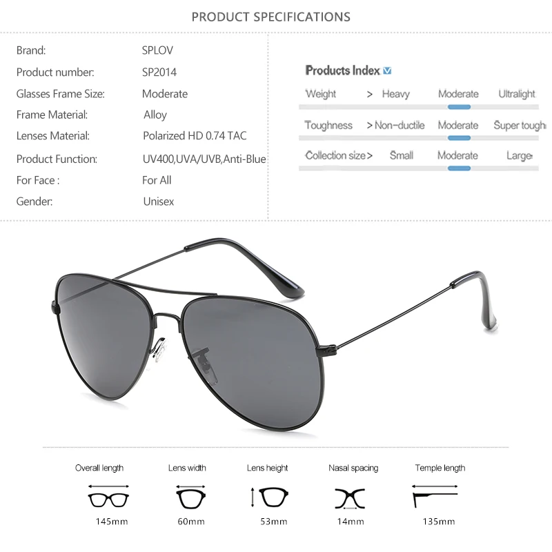 SPLOV Aviation Polarized Sunglasses Men and Women Brand Designer Pilot Sun Glasses Classic Coating Driving Occhiali Da Sole