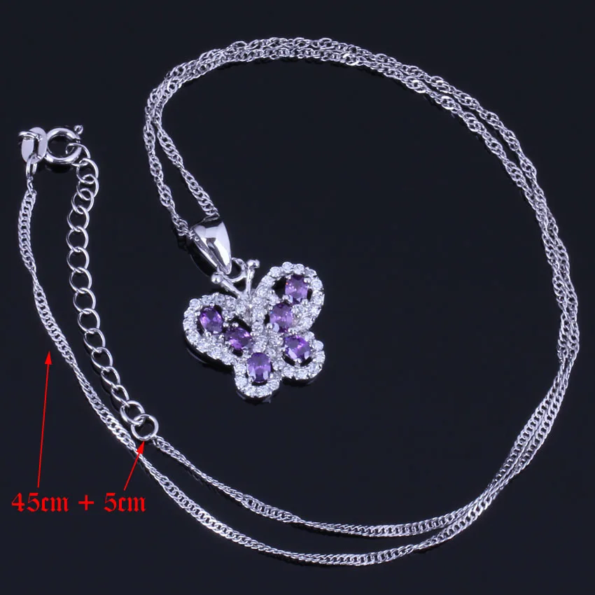 Majestic Butterfly Purple Cubic Zirconia White CZ Silver Plated Jewelry Sets Earrings Pendant Chain Ring V1000