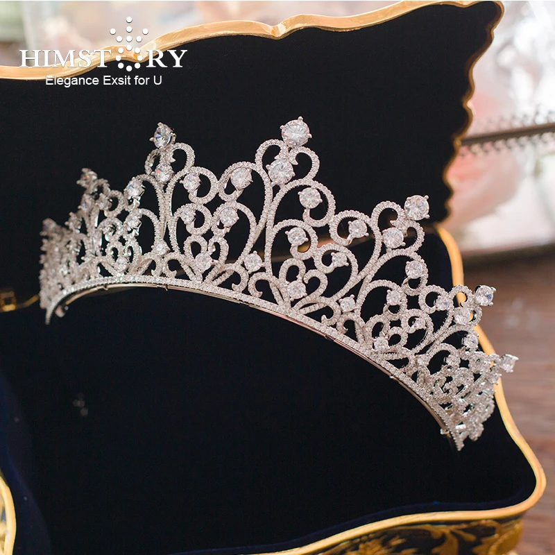 HIMSTORY European Brides Oversize Sparkling White Full Zircon Tiaras Crown Luxurious CZ Hairbands Wedding Hair Accessories