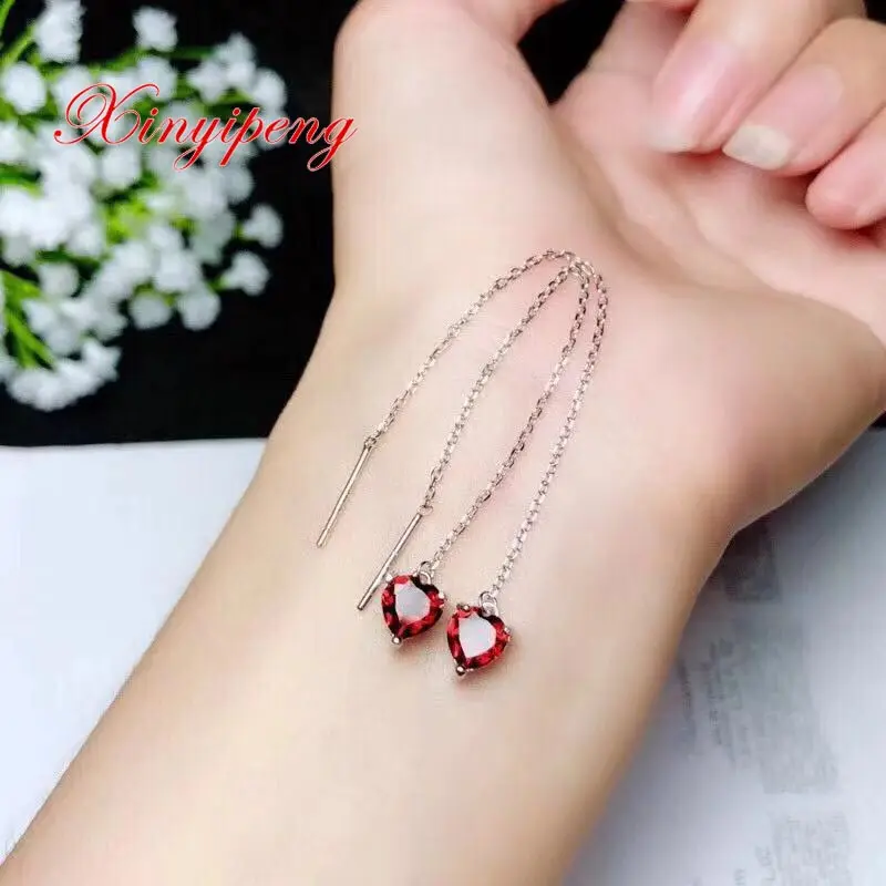 

Xin yi peng 925 silver plated gold inlaid natural garnet eardrop ear wire woman simple engagement wedding gift