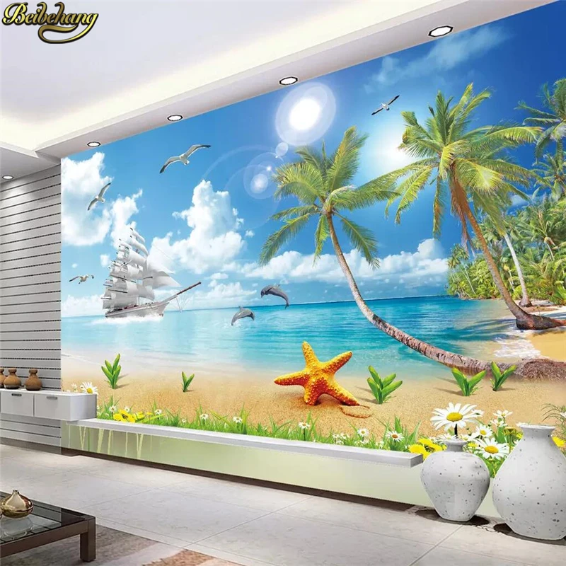 beibehang Custom Seascape love sea coconut tree photo wall papers landscape painting maldives TV background bedroom wallpaper