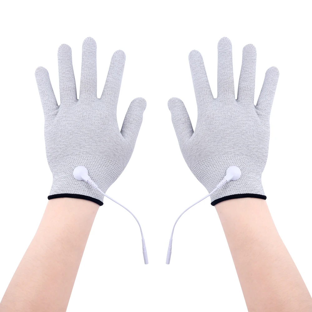 Pair of Conductive Fiber Electrode Gloves Massage TENS Gloves With Adapter Cables Use For TENS/EMS Machines