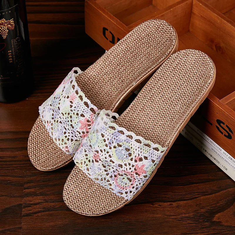 Mntrerm Female Cotton Flax Slippers Women Breathable Hollow Flat Slipper Summer Linen Shoes Indoor Non-slip Home Shoes Flip Flop