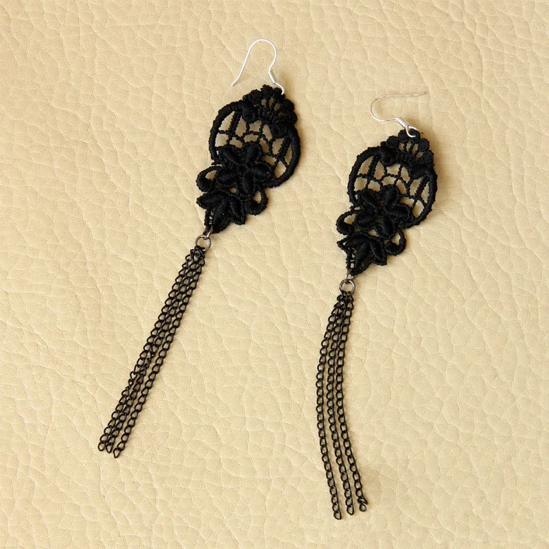 Womens Black Flower Cutout Knitted Lace Metal Chain Tassel Drop Dangle Earrings Sexy Handmade Gothic Lolita Fashion Ear Jewelry