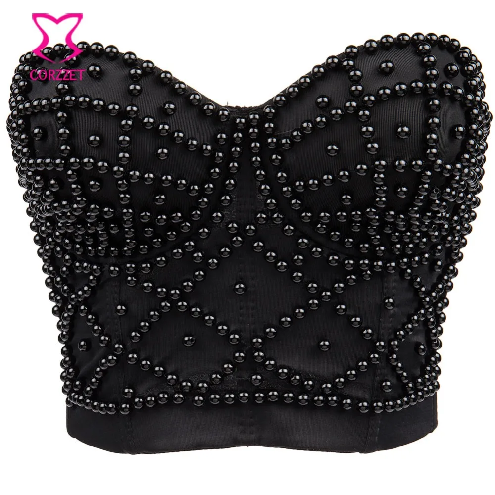 

Black Pearls Bralet Corselets Party Wedding Bustier Top Push up Bra Cropped Top Vest Gothic Bead night Club Bralette For Women