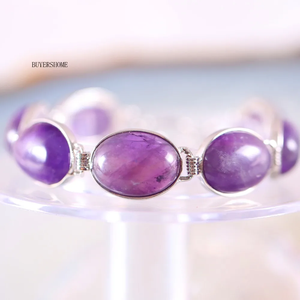 Handmade Bangle Natural Stone Purple Quartz Crystal Bracelet Women Jewelry Oval Beads Adjustable Chain Blue Lapis Opal Bracelet