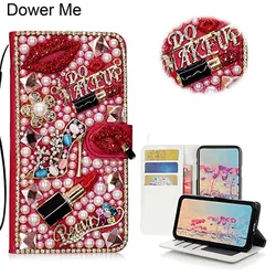 Diamond Kiss Lipstick High Heel Flower Handbag Wallet Card Slot Leather Case For Iphone 17 Air 16 15 14 13 12 11 Pro XS Max Plus