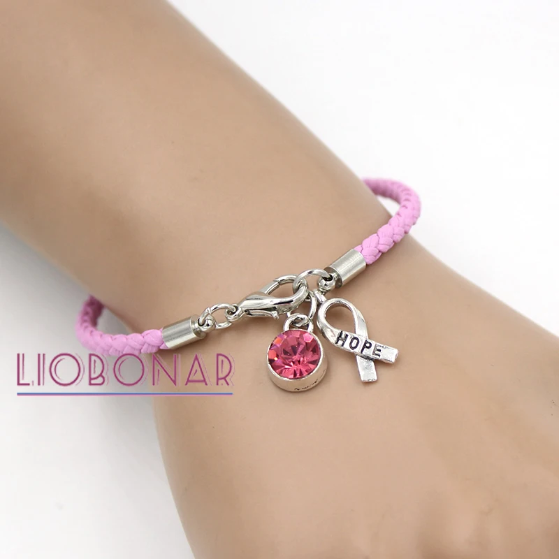 

10PCS Wholesale Breast Cancer Awareness Bracelet Jewelry Pink Leather Hope Ribbon Charm Bracelets for Cancer Foundation Gift