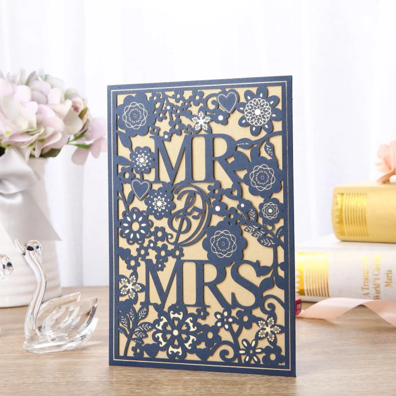 

50pcs Blue Laser Cut MR&MRS Wedding Invitations Card Elegant Greeting Cards Print Envelopes Wedding Event Party Favor Decoration