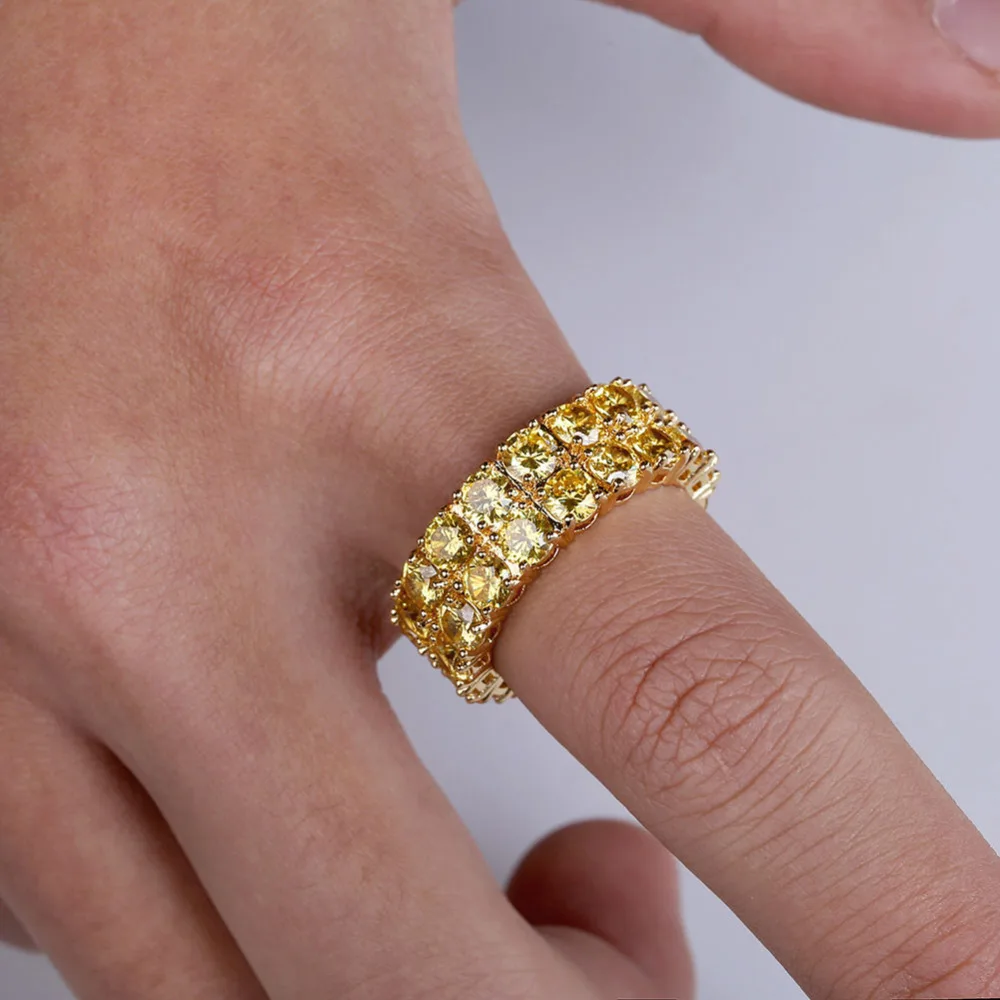 JINAO New Design Gold Silver Color Plated Ring Micro Paved 2 Row Chain Big  Zircon Shiny Hip Hop Finger Ring for Men Women