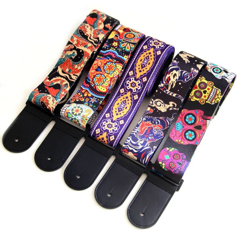 New 5 Colors Vintage Flowers Stripes Acoustic Electric Guitar Strap Woven Embroidery Fabrics Leather Ends Strap