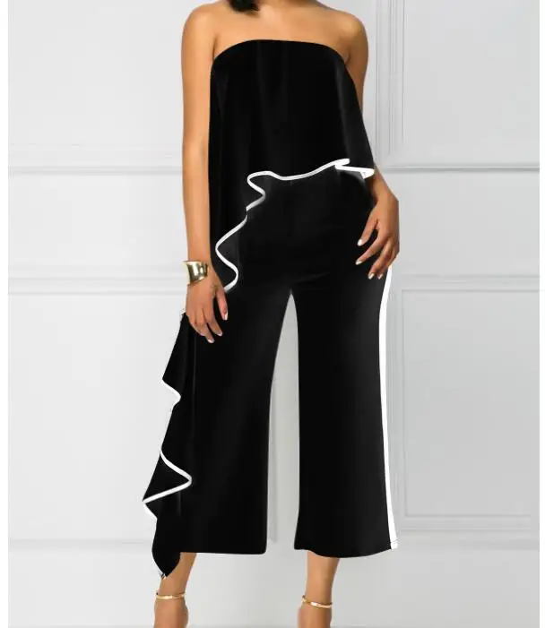 Vrouwen Off Shoulder Ruches Mouwen Playsuit Crop Top Wijde Pijpen Broek Sexy Mode Jumpsuit Vrouwen Hoge Taille Skinny Rompertjes