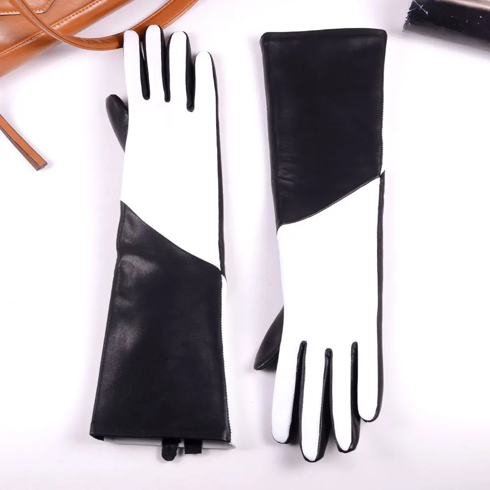 

New 40cm Women's Ladies Real leather fashion Color blocking Party Evening opera/long gloves mid-long gloves