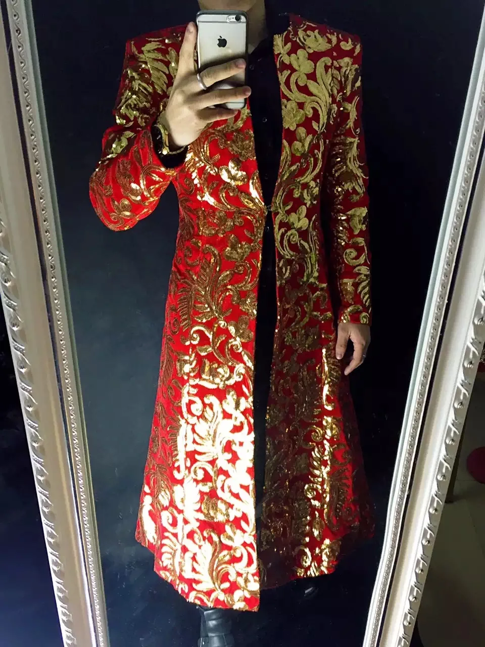 Nightclub bar Male DJ singer ds Stage costumes Outwear Fashion Totem Embroidery Long Umbrella Jacket costumes Performance wear