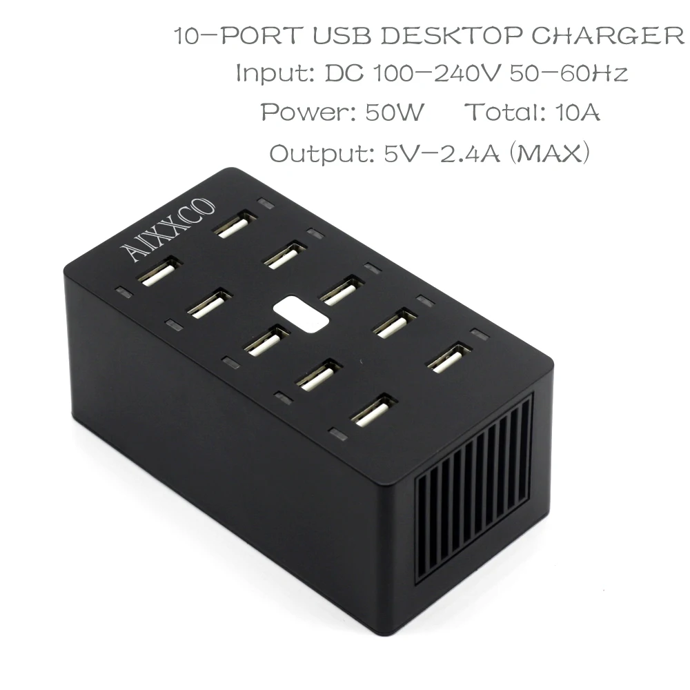 AIXXCO USB Charger 50W 10 Ports USB 10A Smart Adaptive Desktop Charging Station with Holder 5V 2.4A for Samsung Xiaomi iPad