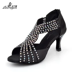 Ladingwu New Latin Dance Shoes Salsa Women Black Satin  Collocation shine Rhinestone Dance Shoes Woman Ballroom indoor Sandals