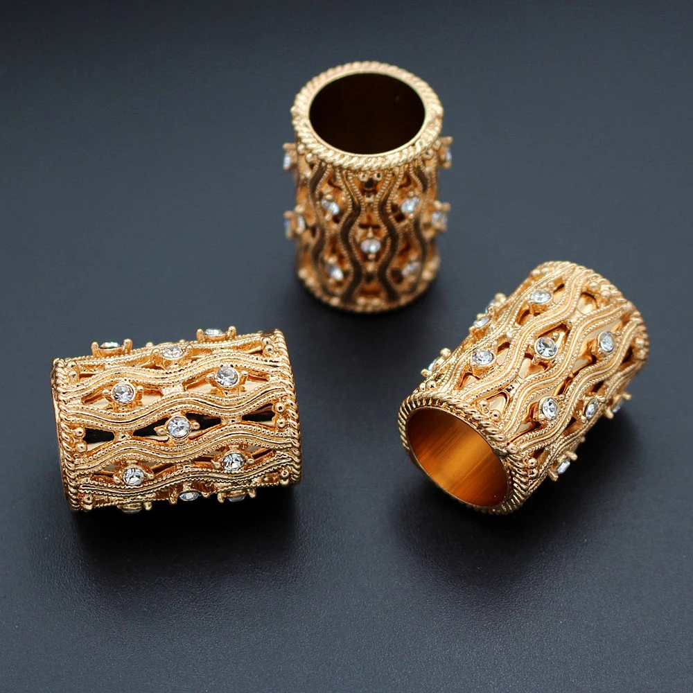 10pcs Dubai African Spacer Beads Big Hole Tube Beading Paved Rhinestone Findings DIY for Nigerian Men Women Wedding Jewelry