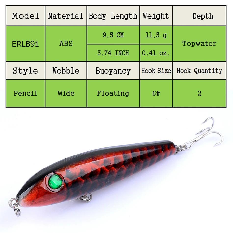 East Rain 9.5cm/11.5g Painted Lure Pencil Topwater Minnow Freshwater Saltwater Fishing Artificial Hard Bait