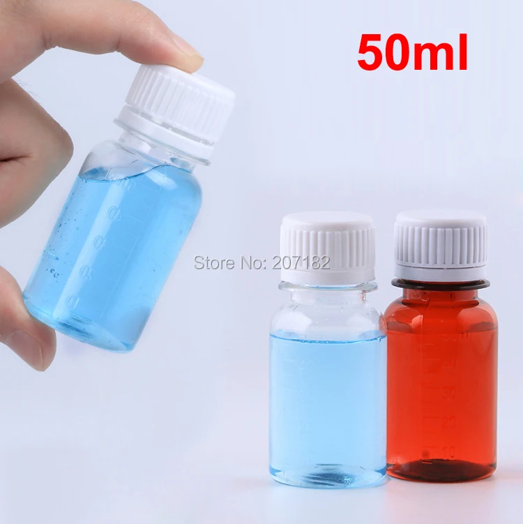 

100PCS 50ml PET Liquid Bottle With Scale, Plastic Packing Bottle, Pill Bottles--- Brown/Transparent 2 Colors Safety Screw Cap