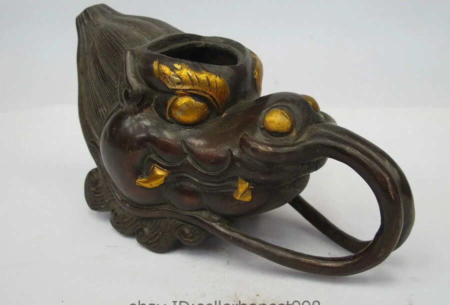 China Chinese Folk old Bronze Gilt Copper Dragon Head Teapot Wine Pot