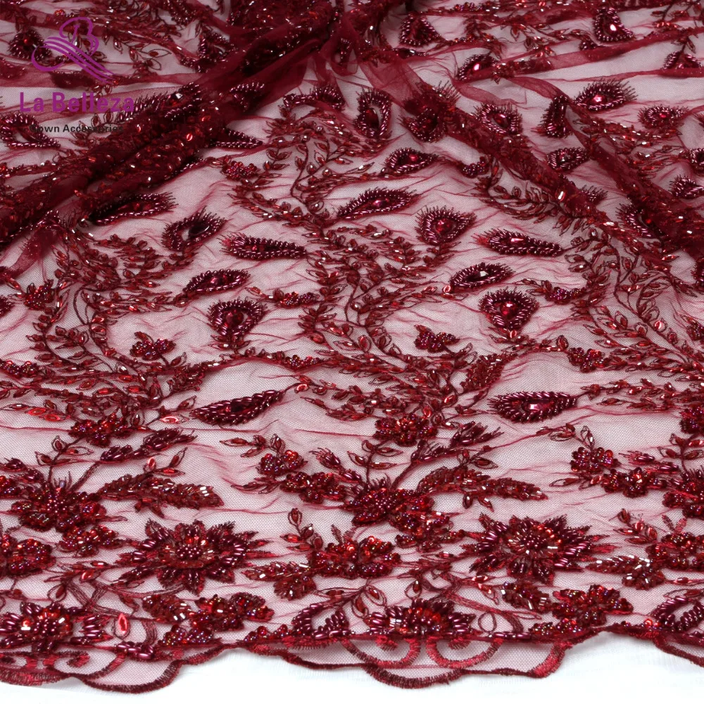 1yard New arrivels wine handmade beads on netting embroidery wedding dress lace fabric 130cm width