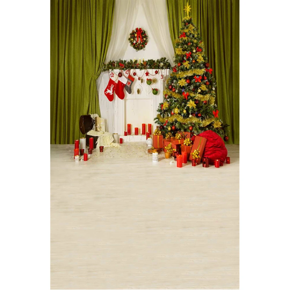 Indoor Fireplace Garland Xmas Scene Photo Background Printed Curtains Christmas Tree Presents Kids Family Party Booth Backdrop