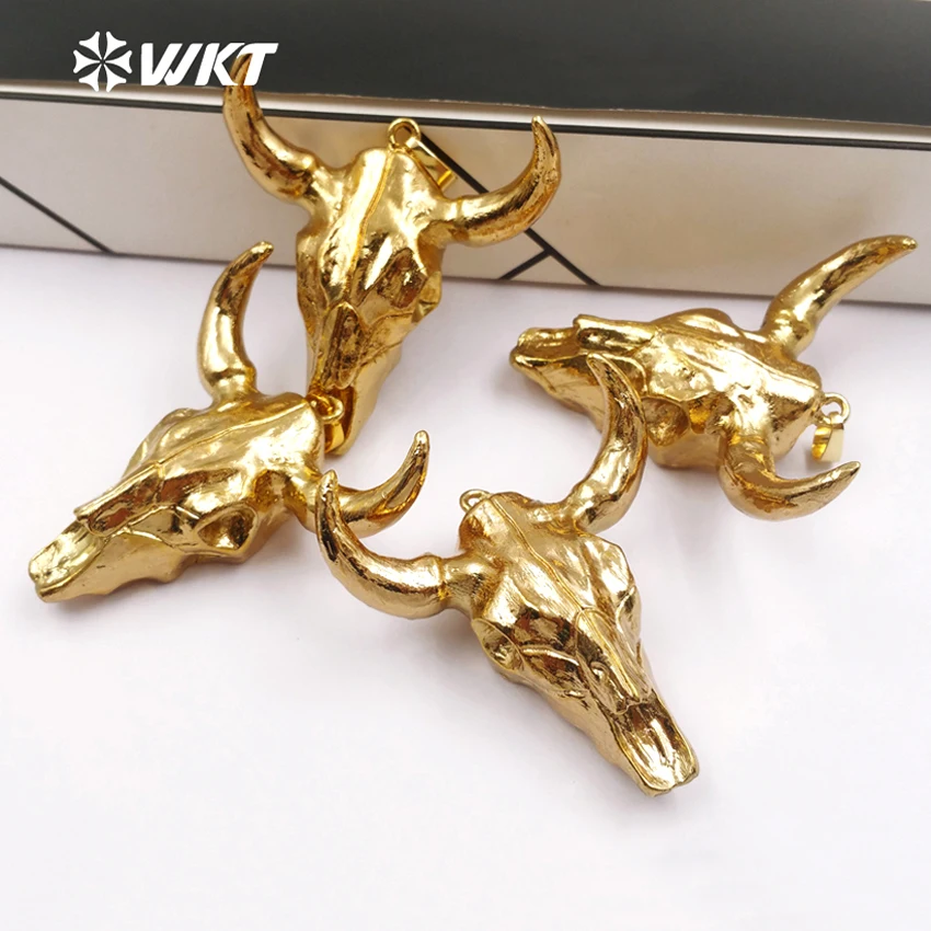 WT-P249 Hot Longhorn full gold dipped resin cattle pendants, silver plated bull cattle head pendants for jewelry design