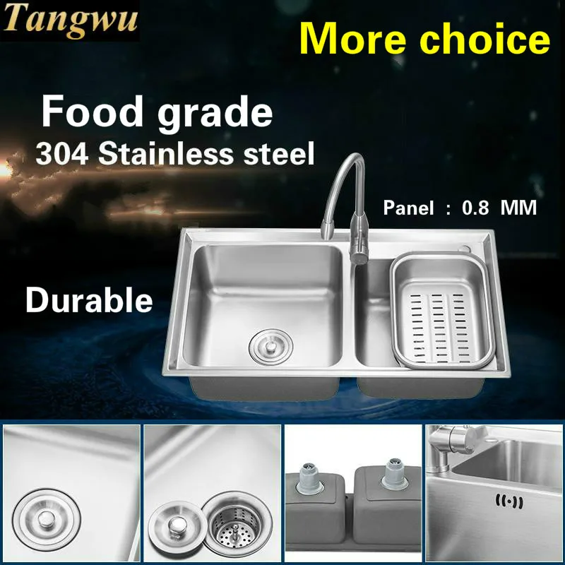 Tangwu High quality double groove multi-function stainless steel kitchen sink and faucet 75x41/78x43/80x43/82x45 CM