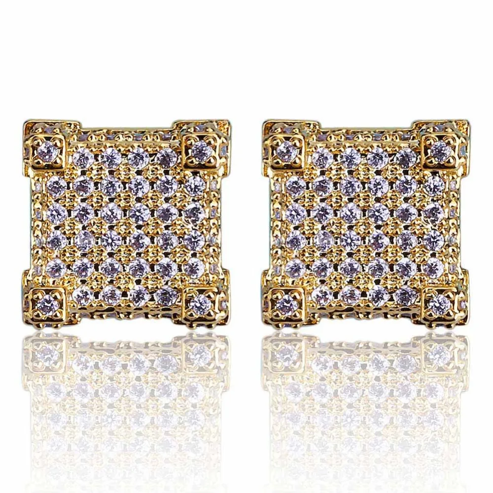 TOPGRILLZ Gold/Silver Color All Iced Out Micro Pave CZ Stone Square Stud Earring Hip Hop Rock Jewelry Earrings For Women Men