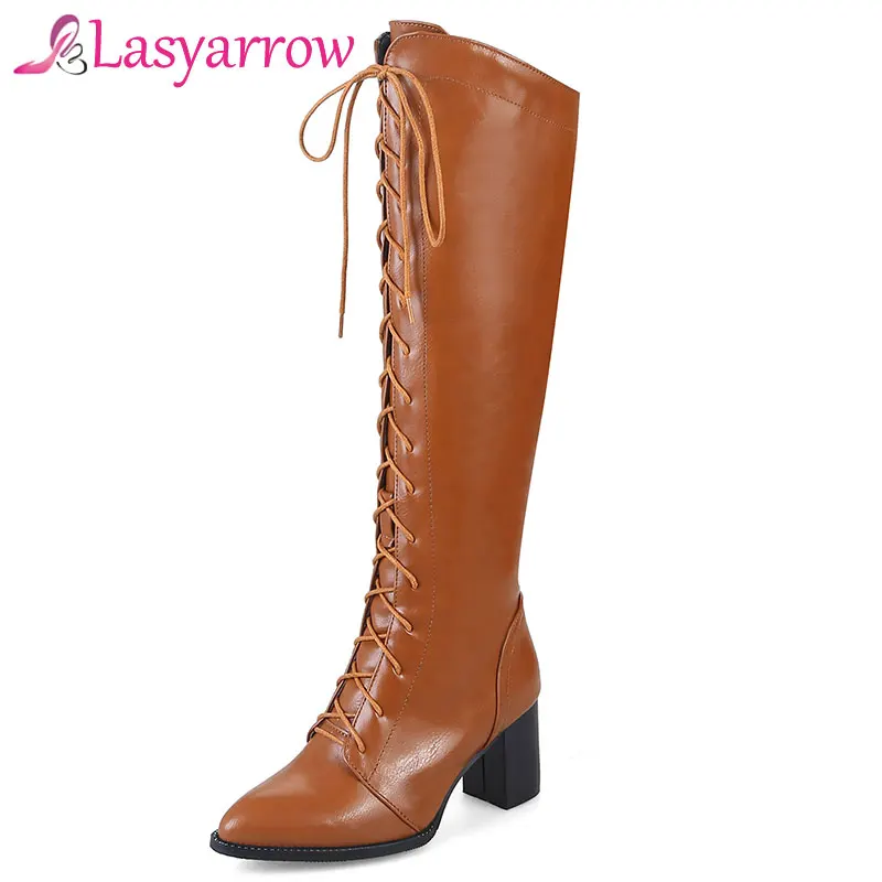 Lasyarrow Women Motorcycle Boots Pointed Toe Chunky Heel Riding Boots Shoes Female Lace Up Knee High Boots Black Brown Size 48