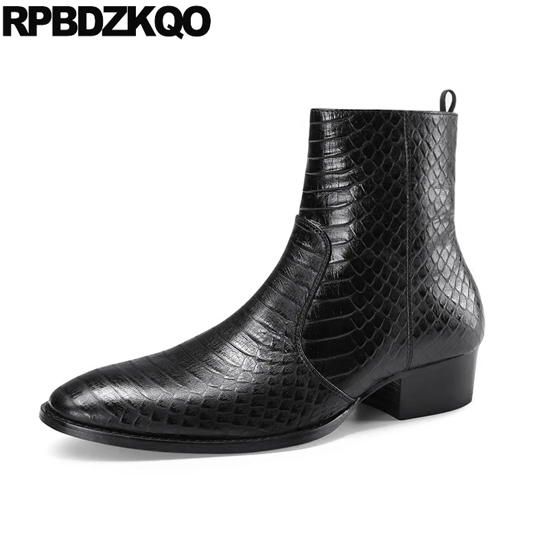 Mens Pointed Toe Dress Boots Formal Ankle Black Party Full Grain Leather Real Plus Size Snakeskin Chunky Shoes Crocodile Zipper