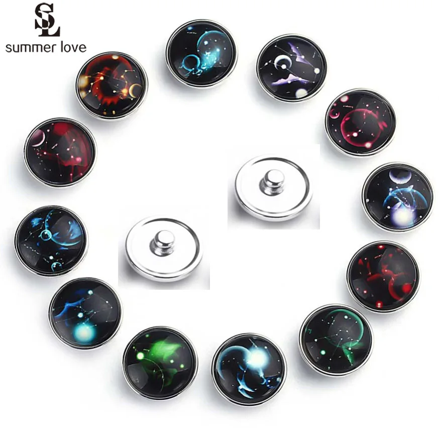 

10PCS/Lot 20mm 12 Constellations Zodiac Luminous Glass Cabochon Snap Buttons fit DIY Bracelet Jewelry Making Photo Snaps