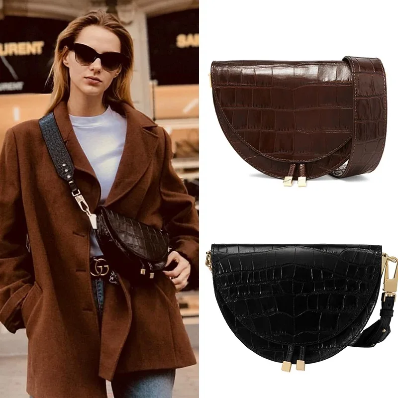 

Fashion Alligator Leather Saddle Bag Women Luxury Shoulder Bags Small Round Handbag Spring and Summer Crossbody Messenger Bags