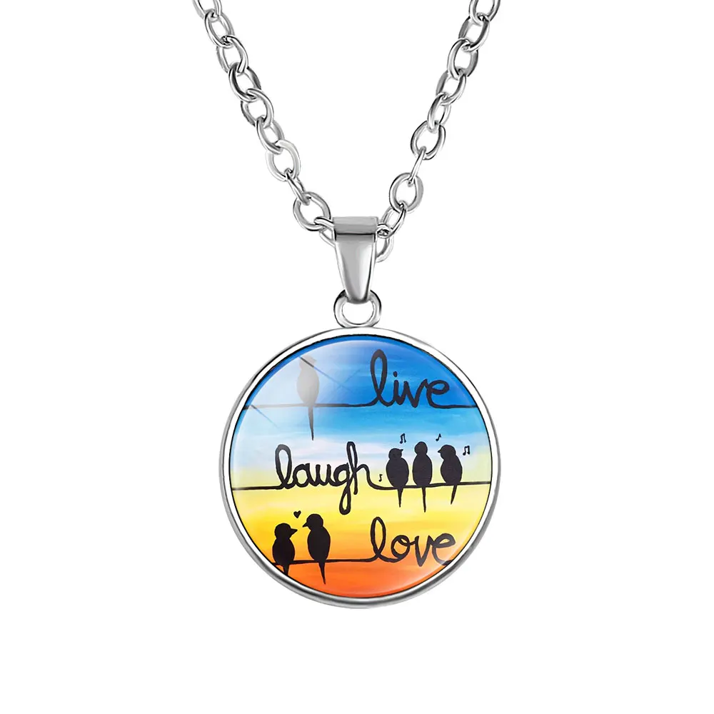 10PC Live Laugh Love Two Birds On Branch Music Pendant Necklace Together Forever Bird Jewelry  Glass Cabochon Necklaces Jewelry