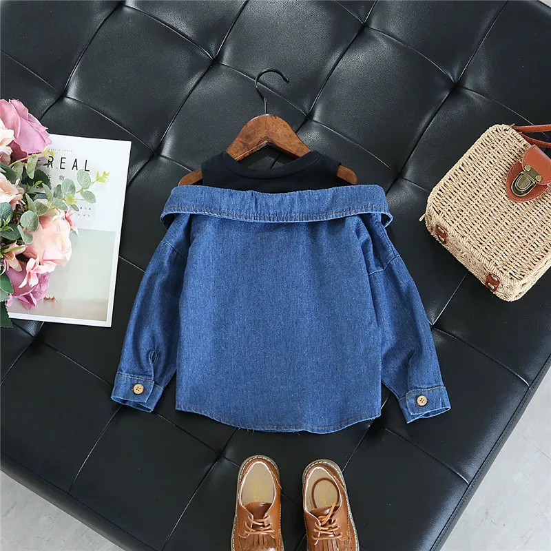 Little Girls Blouse Shirt Casual Jeans Fall Toddler Baby Girls Denim Shoulderless Long Sleeve School Girls Tops for 2-8 Years