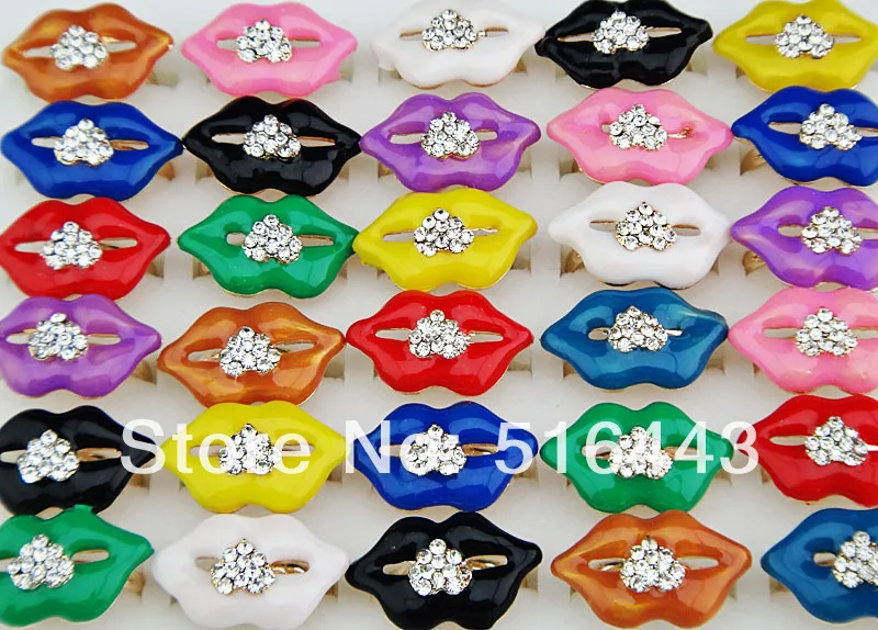 

30pcs Party Jewelry Czech Rhinestones Mix Color Enamel Fashion Gold Women Lips Rings Wholesale Jewelry Lots Free Shipping A-648