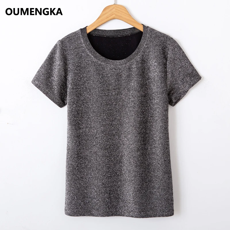 2020 New Summer T Shirt Silver Shiny Lurex Women Casual Solid Short Sleeves Tops O-Neck Female Breathable Elasticity Tee S-3XL