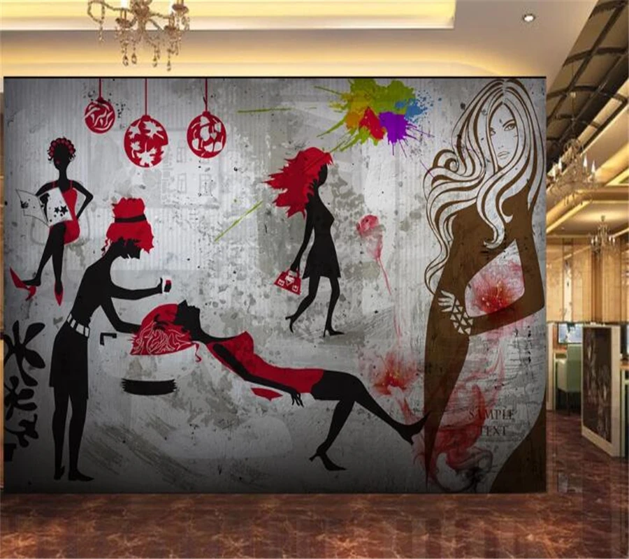 wellyu Custom Wallpaper papier peint Hairdresser beauty salon nostalgic retro silhouette tooling background wall behang