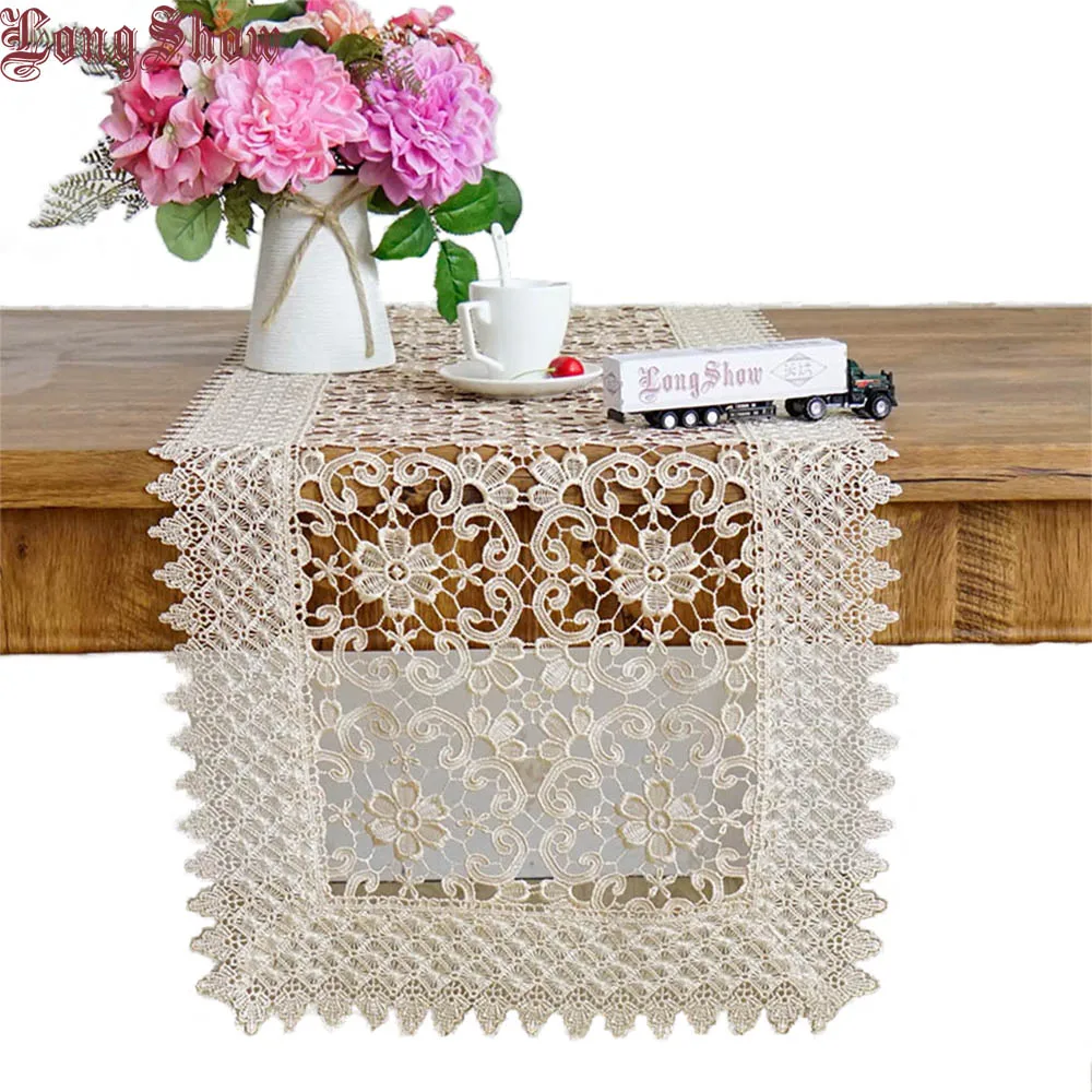 

LongShow Luxury Pure Chemical Embroidered Lace Banquet Dining Decoration Hollow-Out Design Table Runner TV Stand Cabinet Cover