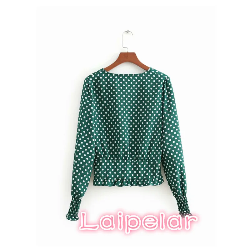 Vintage verde bianco polka dot volant camicetta delle donne camice delle signore top crop manica lunga coreano di abbigliamento di moda streetwear blusas