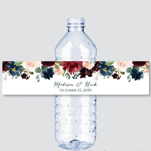 30 Pieces, Custom Personalized Floral Wedding Water Bottle Labels, Stickers, Birthday, Anniversary, Waterproof