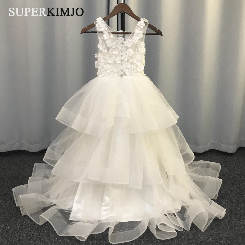 Baljurk bloem meisjes jurken 2019 echte foto tiered ruffle kant applicaties floor lengte lange meisjes wedding party dress