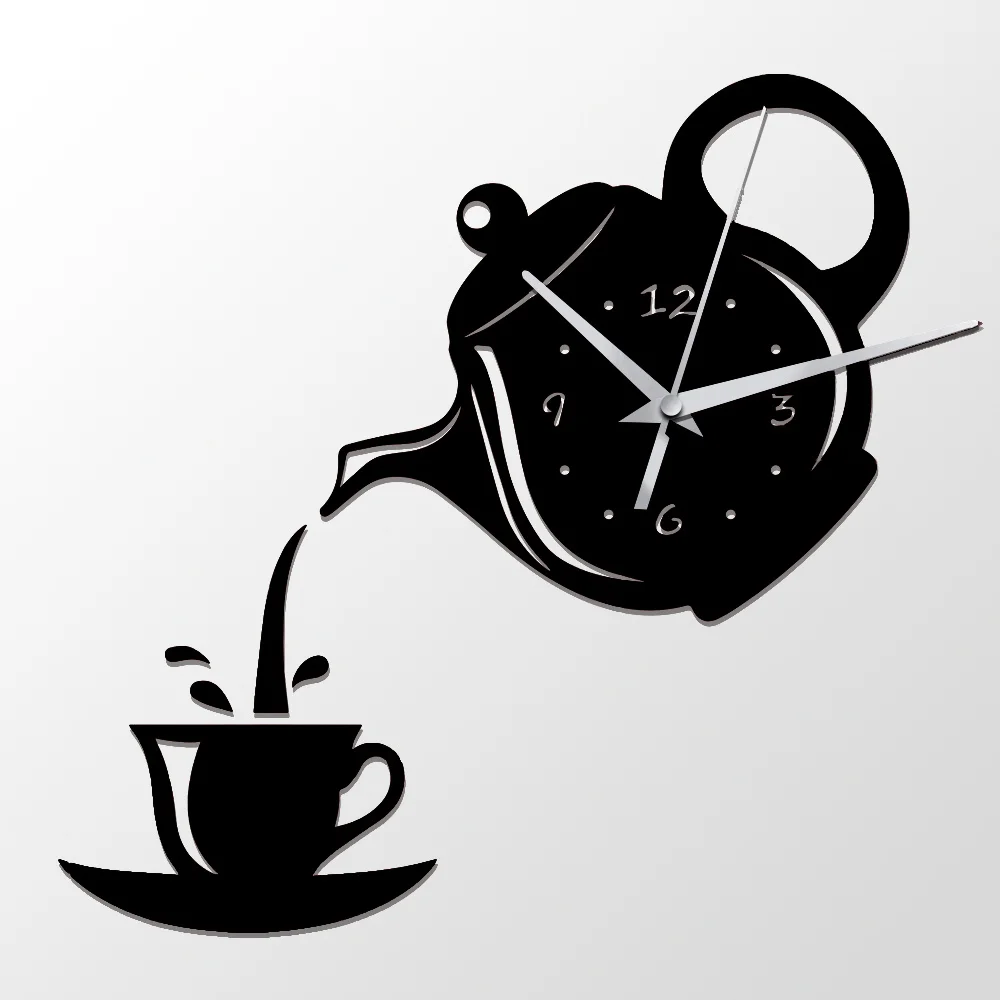 Creative DIY 3D Acrylic Wall Clock Coffee Cup Teapot Kitchen Decorative Wall Clocks Living Room Fashion Home Decor Clock