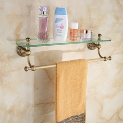 Bathroom Accessories Antique Brass Collection, Glass Shelf with Towel Bar,  Luxury European London Style for Home Organizer