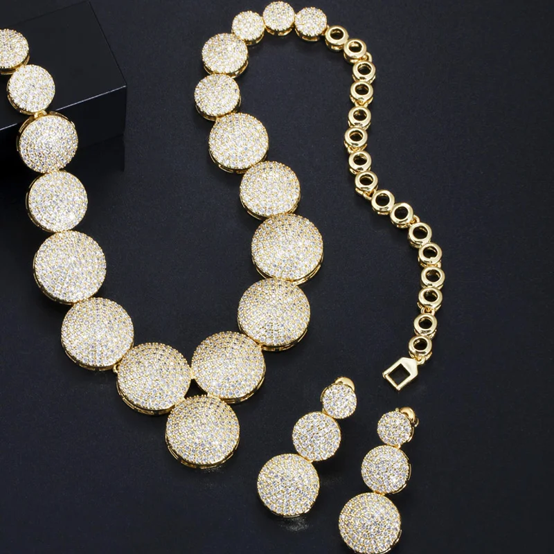 

Pera Luxury Dubai Yellow Gold Color Bridal Wedding Jewelry Big Round Cubic Zircon Necklace and Earrings Set for Brides Gift J154