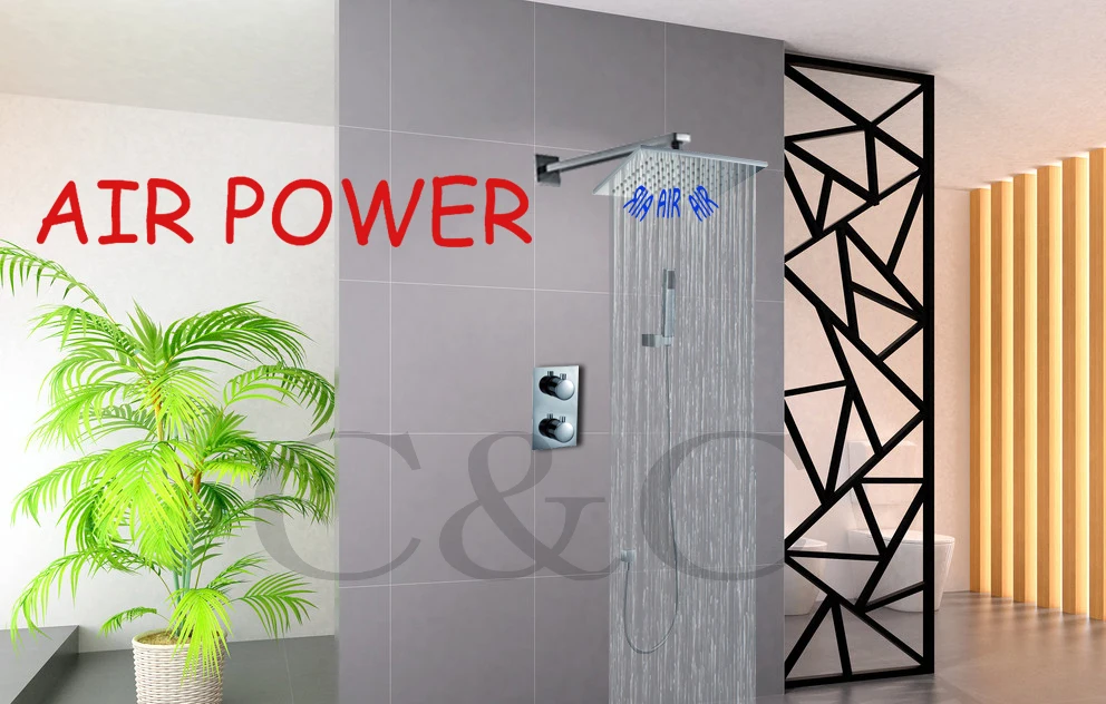 

Air Power Technology! Bathroom Rainfall Shower Faucet With Thermostatic Valve 10 inch Square Rainfall Shower Head