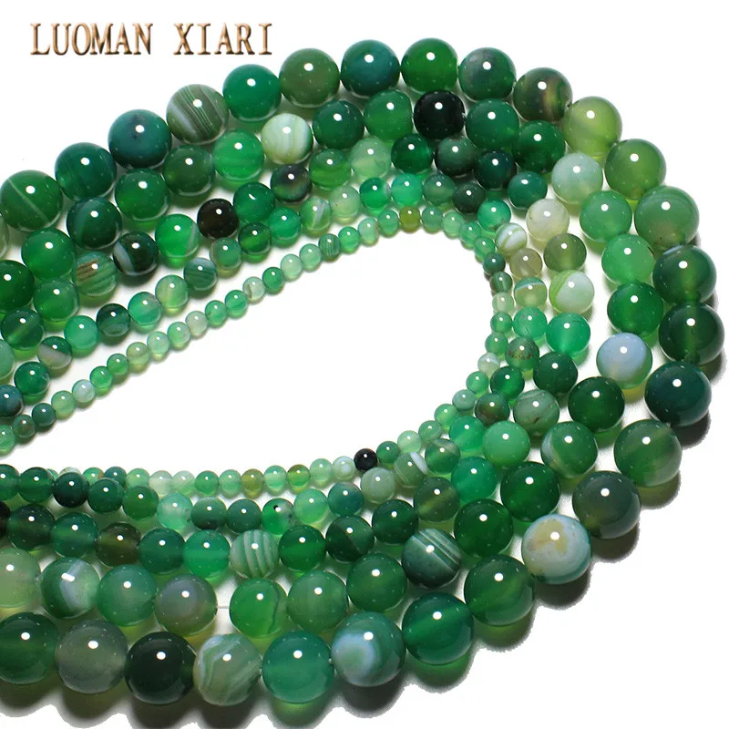 LUOMAN XIARI Round Natural Green striped Agate Stone Beads For Jewelry Making DIY Necklace Material 4/ 6/8/10/12mm Strand 15\'\'