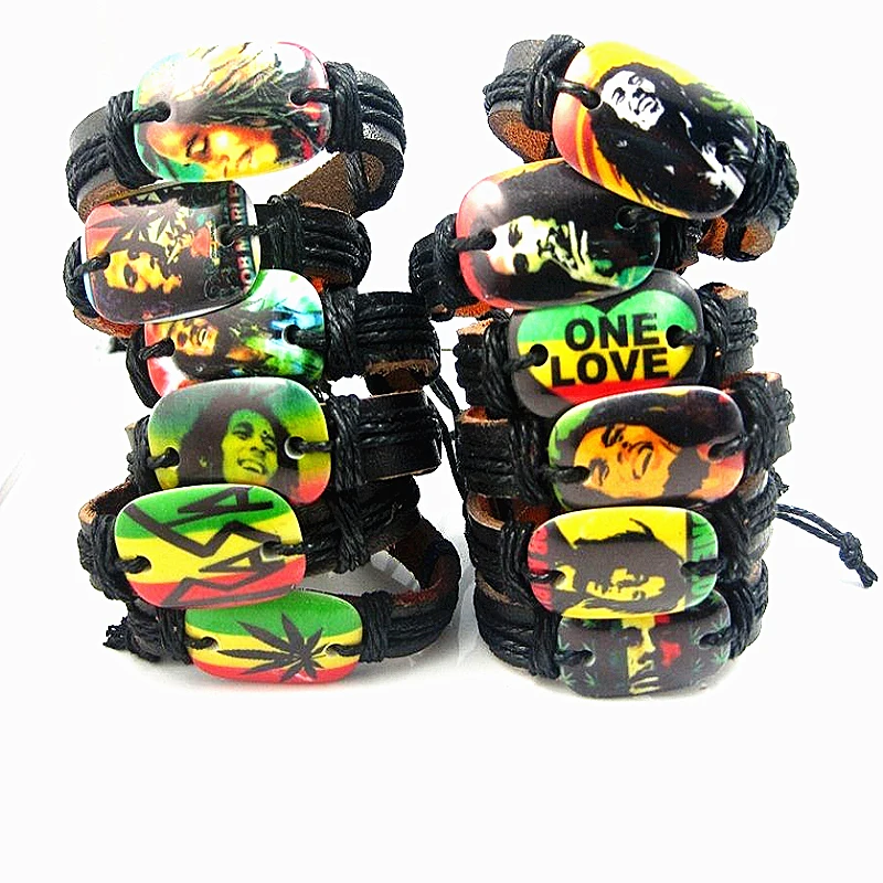 Brand New jewelry 12PCs different mixed black men\'s and women\'s Bob Marley Jamaica Reggae Rasta Leather Cuff Bracelets gifts